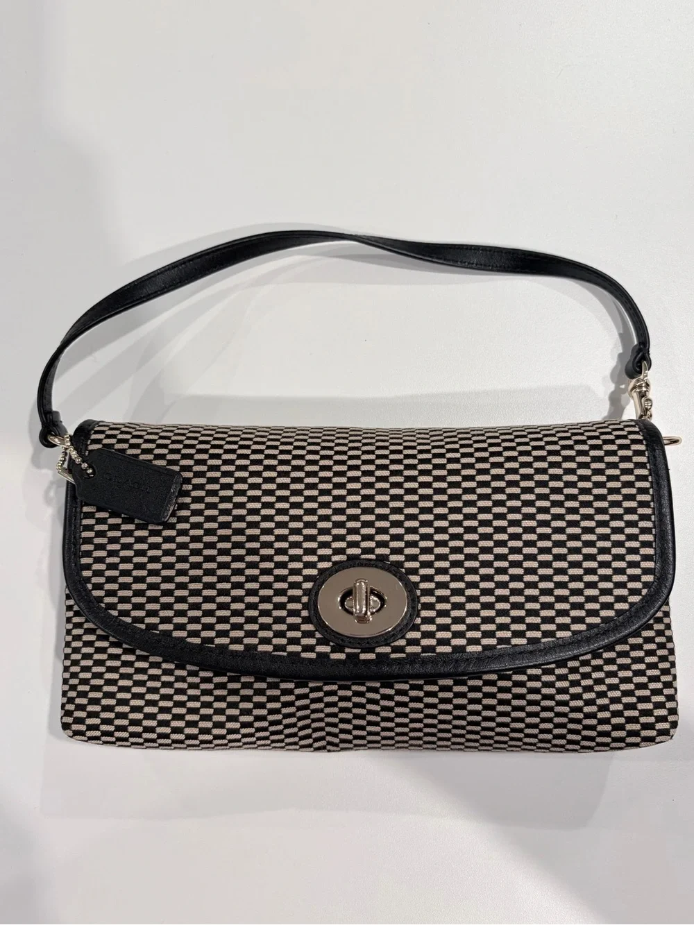 Coach Black & Cream Checker Mini Shoulder Bag with Turn-Lock
